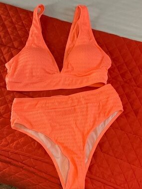 SHEIN Neon Orange Textured High-Waist Bikini Set